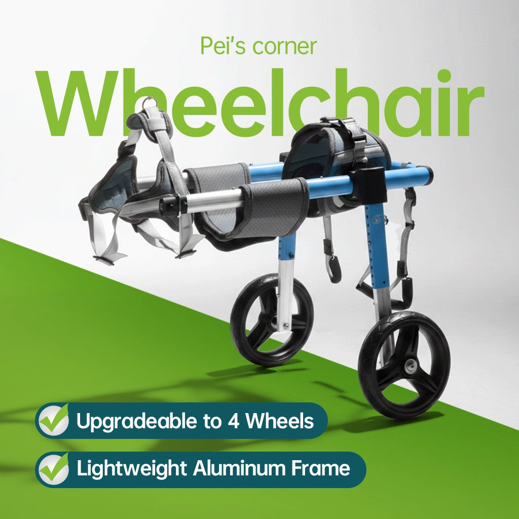 dog wheelchair with a lightweight aluminum frame and upgradeable to 4 wheels, featuring a blue and black design, ideal for pet mobility support, perfect for pet owners seeking durable and adjustable solutions.