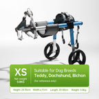 XS dachshund dog wheelchair, net weight 0.8KG, designed for small dog breeds like Teddy, Shih Tzu, and Bichon, featuring a blue and black frame, ideal for pet owners seeking lightweight and breed-specific mobility solutions. - pei's corner