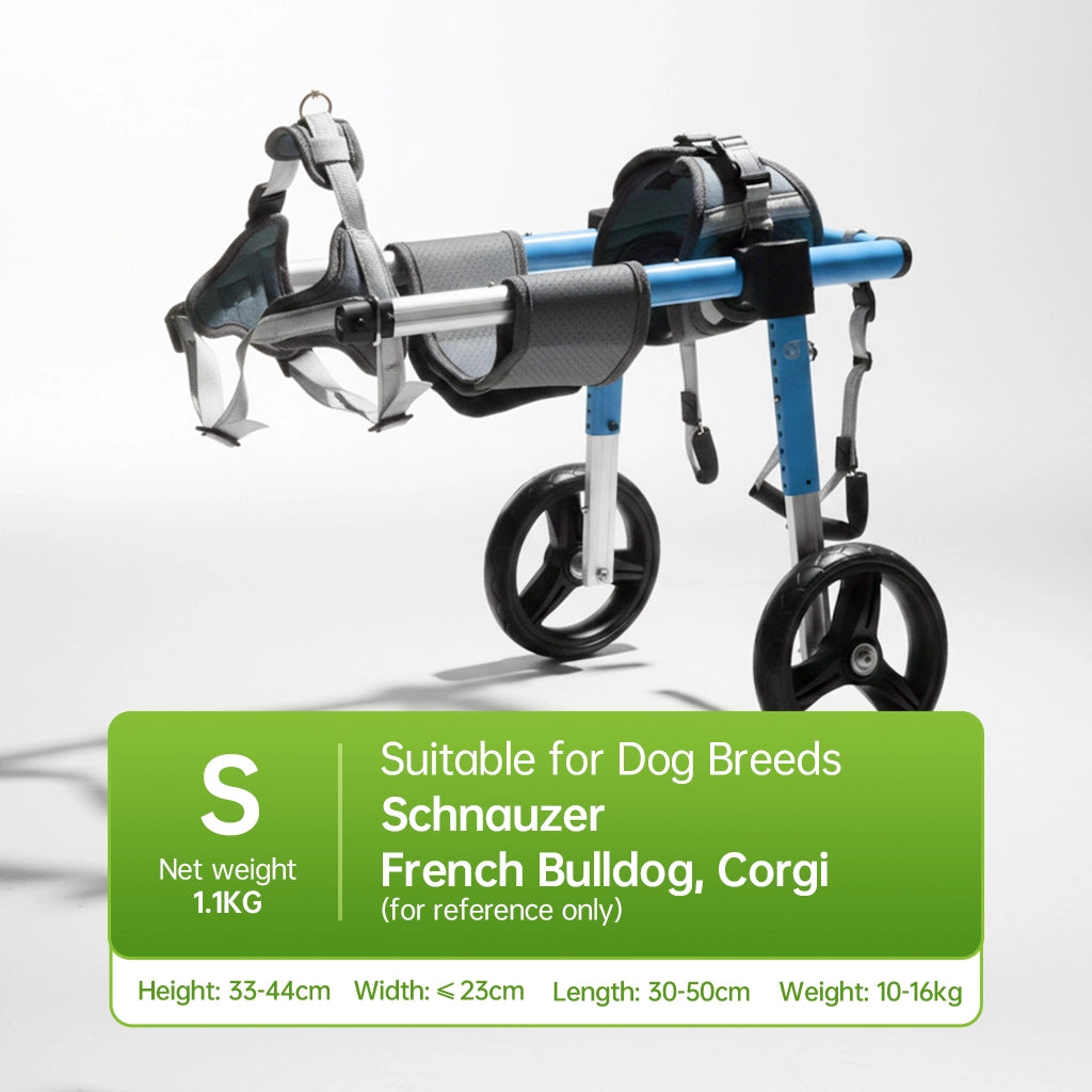 S dog wheelchair for french bulldog, net weight 1.1KG, designed for dog breeds like Schnauzer, corgi and Sheltie, featuring a blue and black frame, ideal for pet owners seeking lightweight and breed-specific mobility support. - Pei's Corner 
