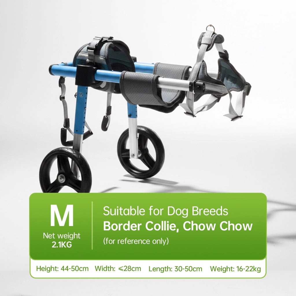 M dog wheelchair, net weight 2.1KG, designed for dog breeds like Border Collie and Chow Chow, featuring a blue and black frame, ideal for pet owners seeking durable and breed-specific mobility support. - Pei's Corner 