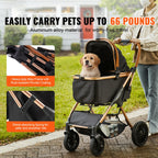 Pei's Corner pet stroller easily carrying pets up to 66 pounds, featuring aluminum alloy frame with rust-resistant powder coating, shock-absorbing spring for safer ride, and a puppy in use on a pathway