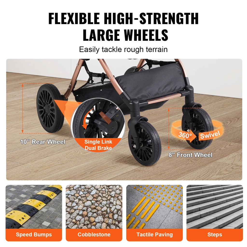 Pei's Corner pet stroller with flexible high-strength large wheels, featuring 10-inch rear wheels with single link dual brake, 8-inch front wheels with 360-degree swivel, designed to tackle rough terrain like speed bumps, cobblestone, tactile paving, and steps