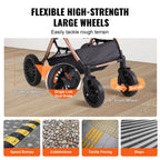 Pei's Corner pet stroller with flexible high-strength large wheels, featuring 10-inch rear wheels with single link dual brake, 8-inch front wheels with 360-degree swivel, designed to tackle rough terrain like speed bumps, cobblestone, tactile paving, and steps