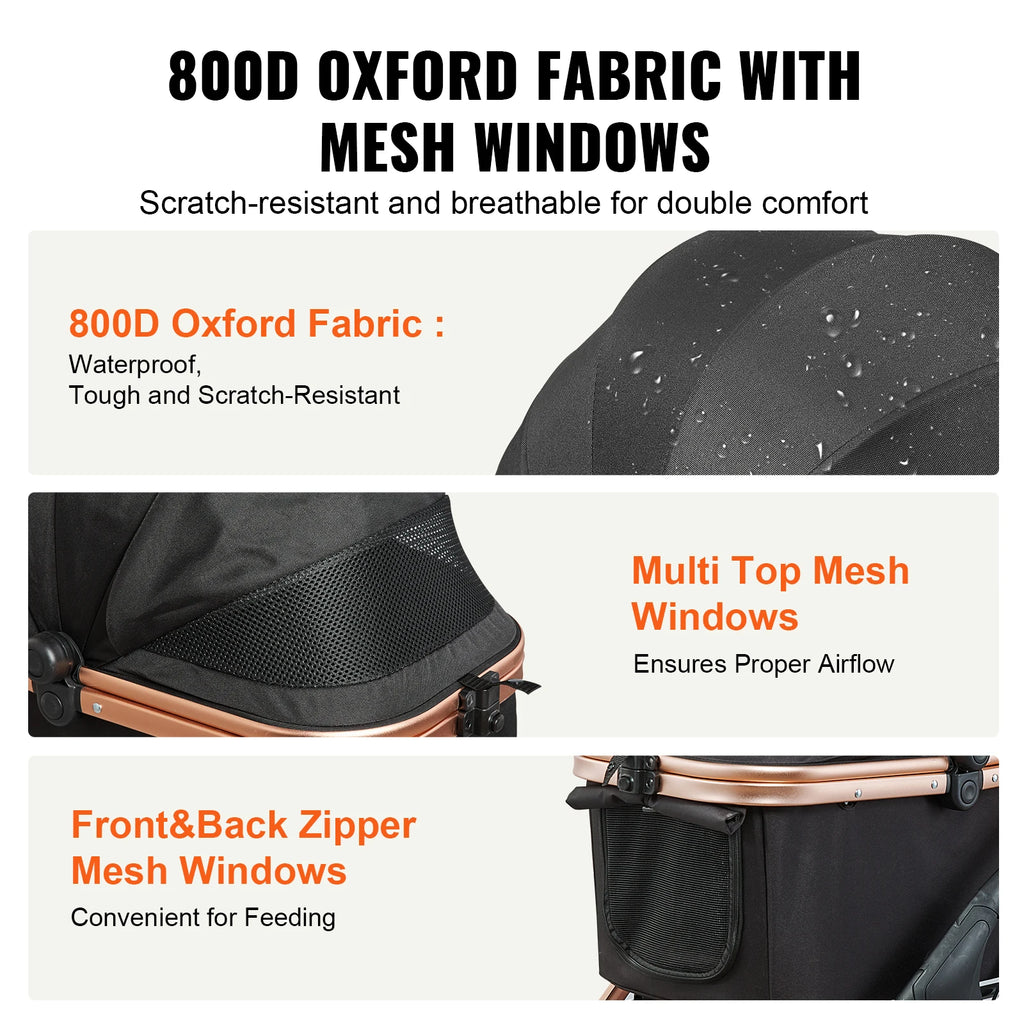 Pei's Corner pet stroller with 800D Oxford fabric and mesh windows, featuring waterproof, tough, scratch-resistant material, multi-top mesh windows for proper airflow, and front & back zipper mesh windows for convenient feeding