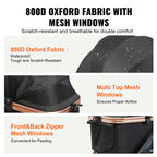 Pei's Corner pet stroller with 800D Oxford fabric and mesh windows, featuring waterproof, tough, scratch-resistant material, multi-top mesh windows for proper airflow, and front & back zipper mesh windows for convenient feeding