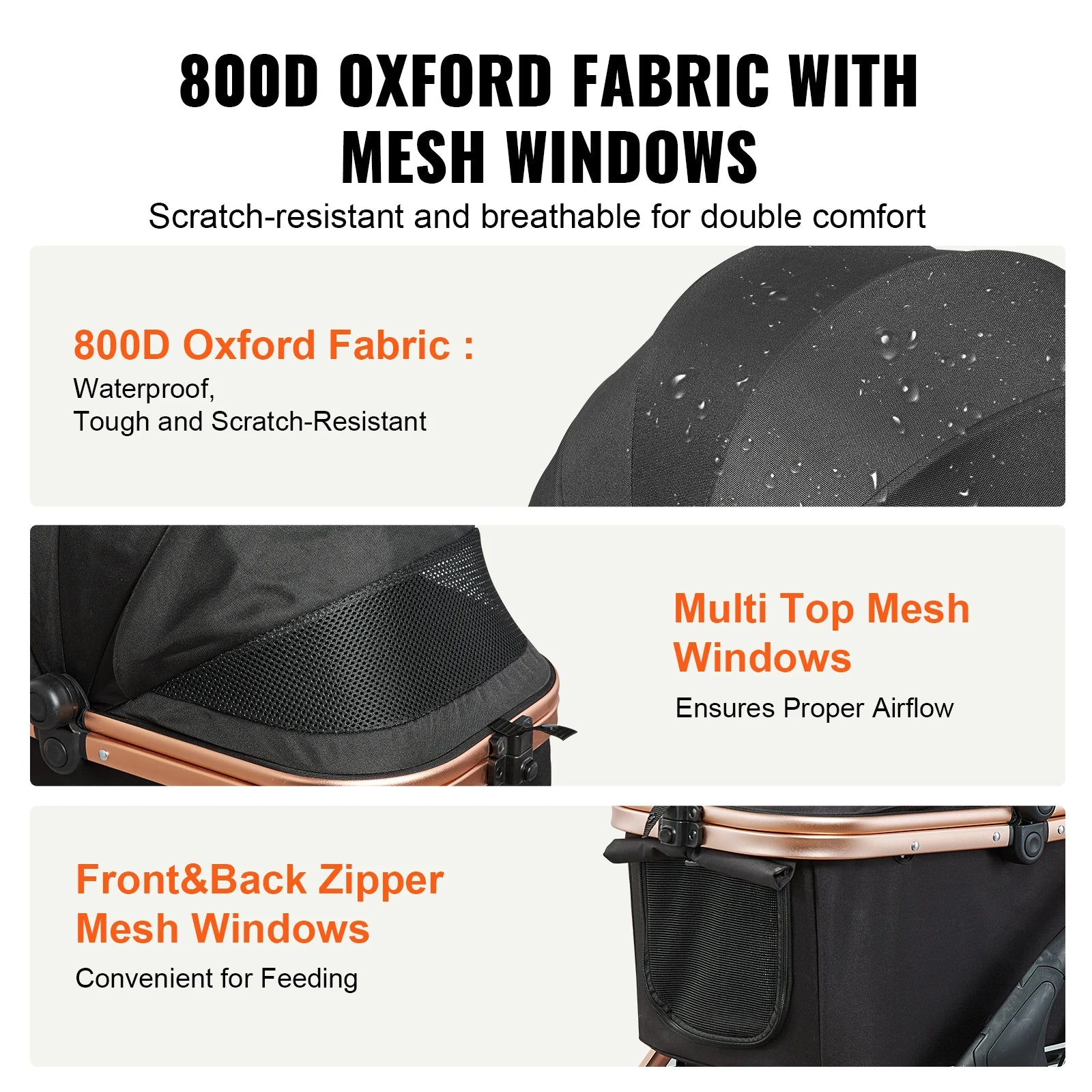 Pei's Corner pet stroller with 800D Oxford fabric and mesh windows, featuring waterproof, tough, scratch-resistant material, multi-top mesh windows for proper airflow, and front & back zipper mesh windows for convenient feeding