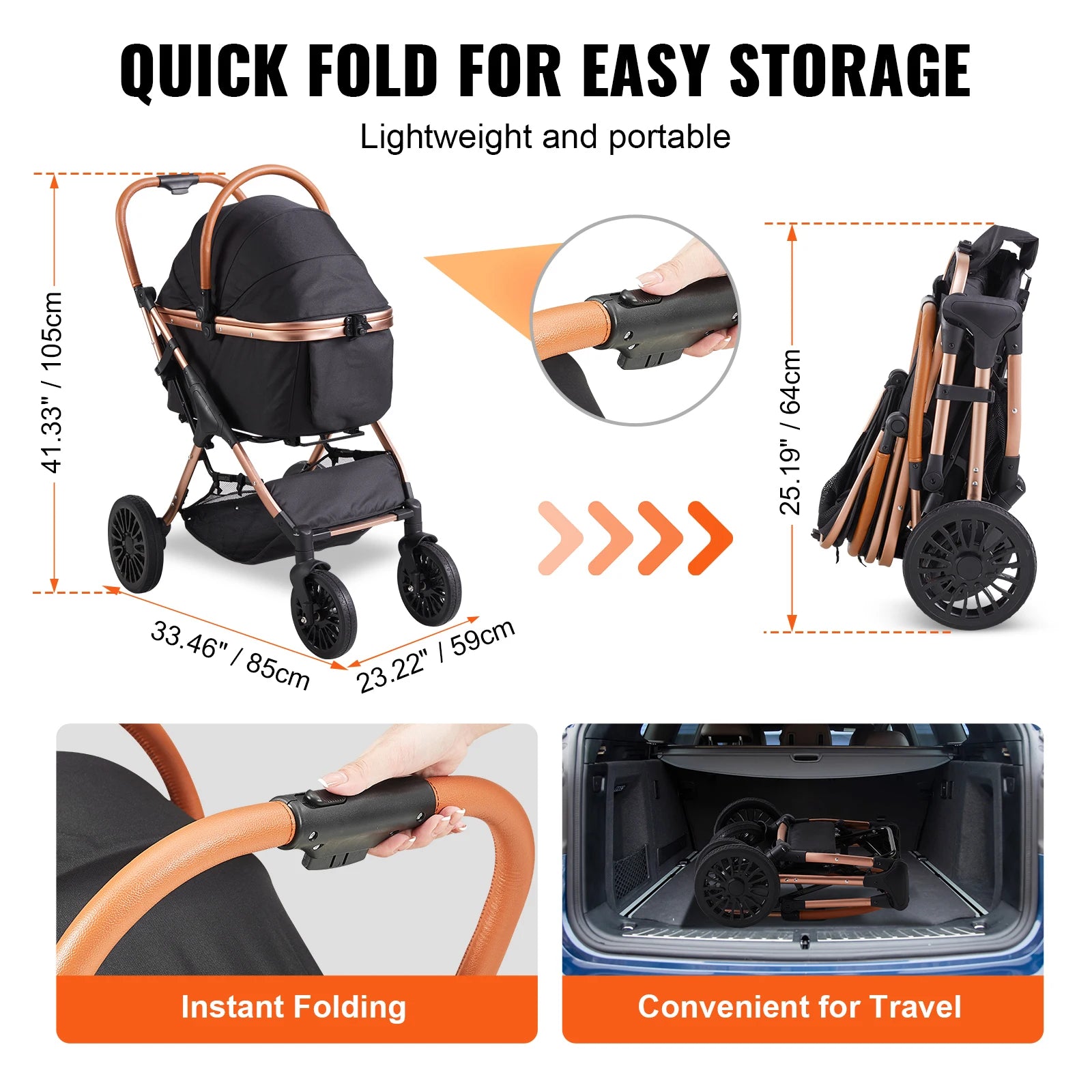 Pei's Corner pet stroller with quick fold for easy storage, lightweight and portable design, featuring instant folding, 33.46in height, 23.22in width, 25.19in folded length, and convenient for travel