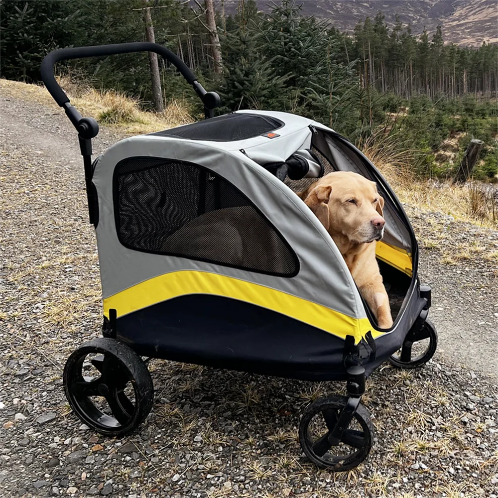Pei's Corner pet stroller designed for large dogs and senior dogs, featuring a spacious interior, sturdy aluminum frame, and black mesh windows, perfect for comfortable outdoor walks