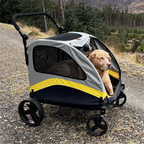 Pei's Corner pet stroller designed for large dogs and senior dogs, featuring a spacious interior, sturdy aluminum frame, and black mesh windows, perfect for comfortable outdoor walks