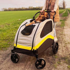 Pei's Corner pet stroller with a French Bulldog, featuring a cozy interior, yellow mesh windows, and a sturdy frame, ideal for pet comfort during evening walks
