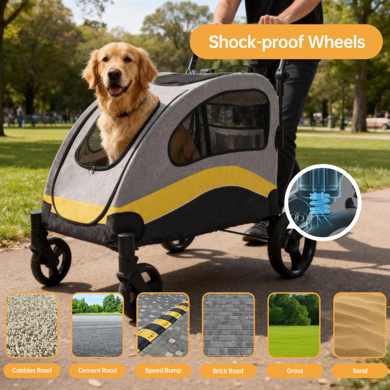 Pei's Corner pet stroller for large dogs with shock-proof wheels, featuring shock-absorbing design and durable construction, perfect for use on various road surfaces like asphalt, gravel, and grass