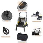 Pei's Corner pet stroller for large dogs and senior dogs featuring safety lock, breathable mesh window, foot pedal wheel lock, omni-directional front wheels, adjustable handle, and strong support pole