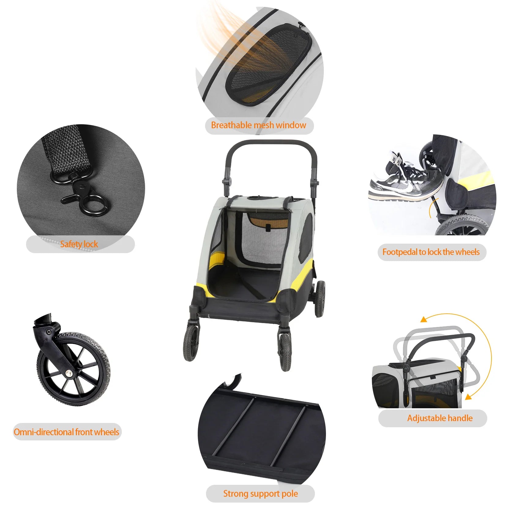 Pei's Corner pet stroller for large dogs and senior dogs featuring safety lock, breathable mesh window, foot pedal wheel lock, omni-directional front wheels, adjustable handle, and strong support pole