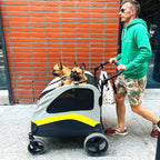 Pei's Corner pet stroller with two French Bulldogs, featuring a durable design with yellow and black mesh windows, perfect for pet mobility and outdoor walks on urban streets