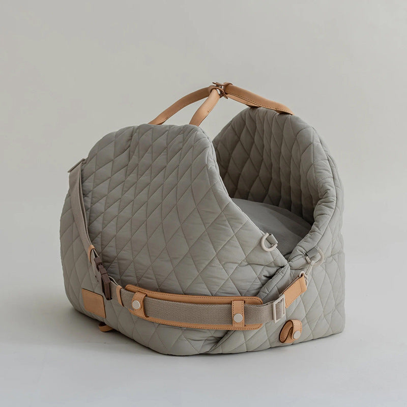 pei's corner side view of beige Portable Foldable Cat Carrier Bag - Lightweight Pet Handheld Crossbody Bag