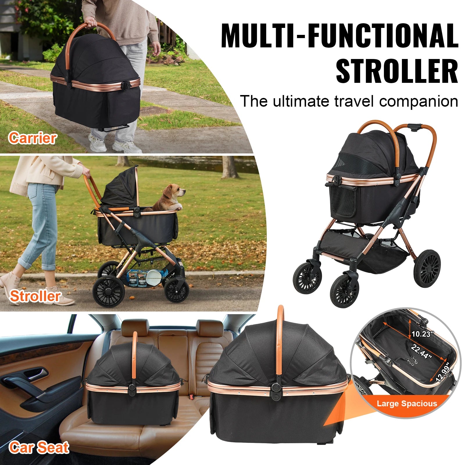 Dog Stroller for Medium Dogs up to 66lbs - Foldable with Storage Basket & Carrier