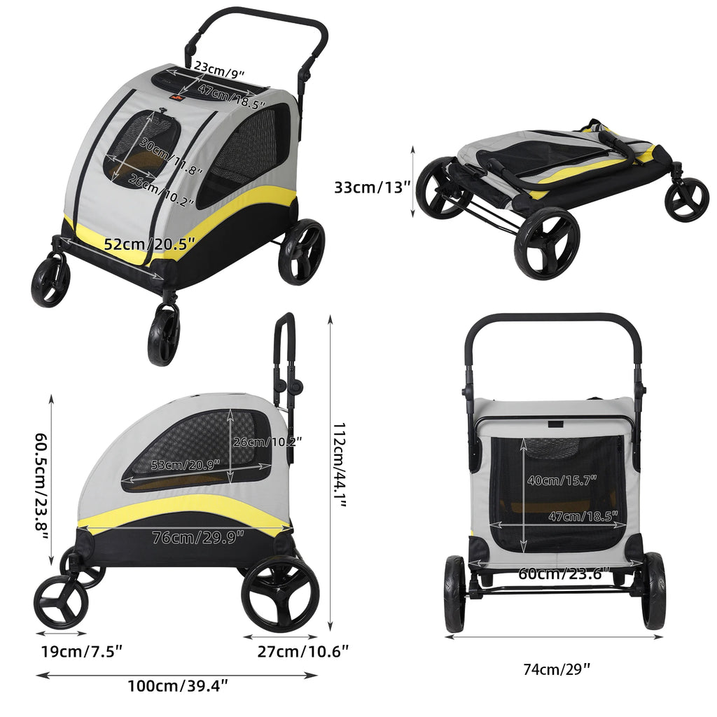 Large Dog Stroller - 4 Wheel Premium Pet Jogger Wagon, Foldable Travel Pram for Small Medium Large Dogs with Easy Walk Design
