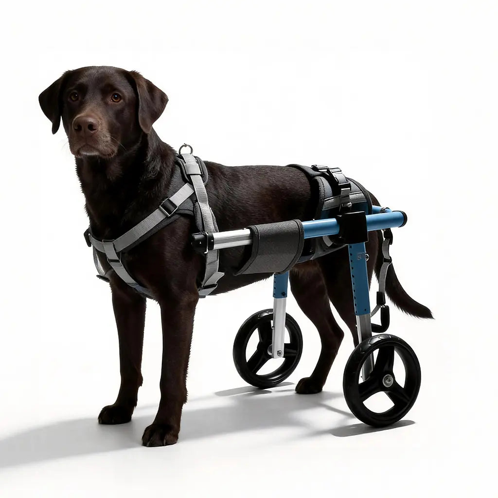 Chocolate Labrador Retriever fitted with an XL rear-support dog wheelchair, showing the adjustable aluminum frame and padded harness system
