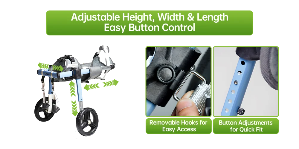 Close-up of dog wheelchair button adjustments and removable hooks for quick fit and custom sizing.