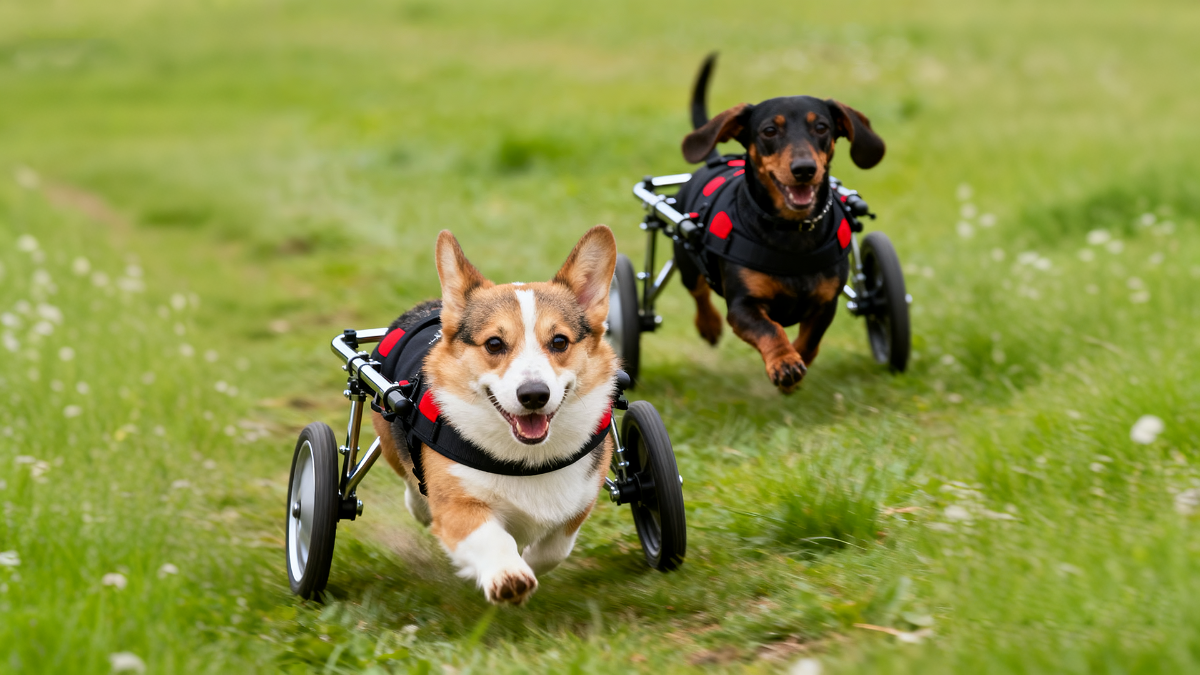 A Corgi and a Dachshund running happily on grass using adjustable dog wheelchairs for back legs.