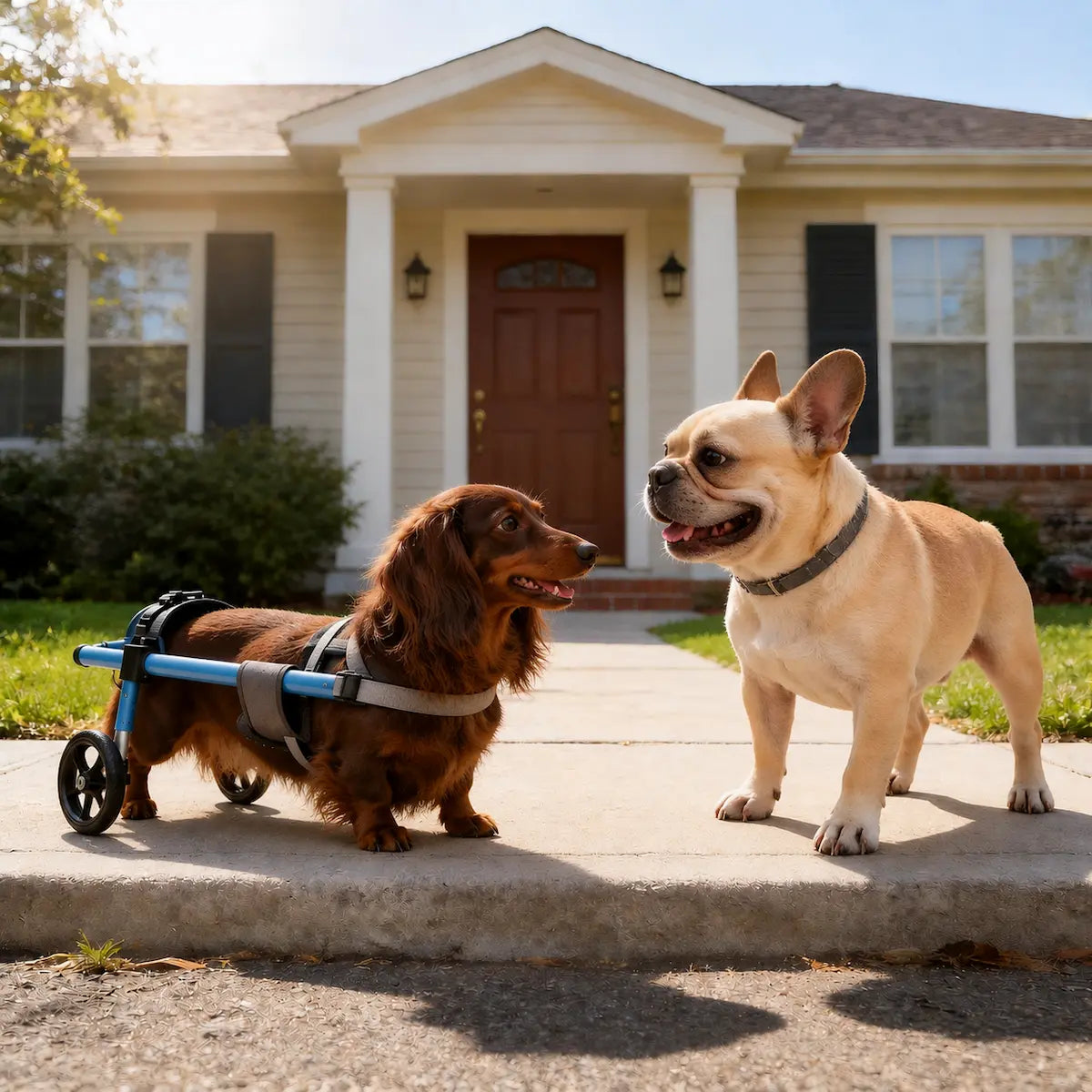 A red long-haired Dachshund using a blue rear-support wheelchair on a sunny driveway, happily meeting a French Bulldog — showcasing mobility and independence for disabled Dachshunds