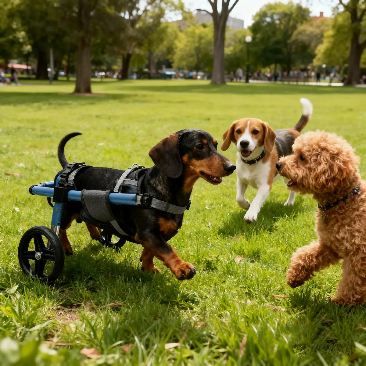 A Dachshund in a fitted rear-support wheelchair running and socialising with other dogs in a park, showing active daily life with a breed-specific mobility aid