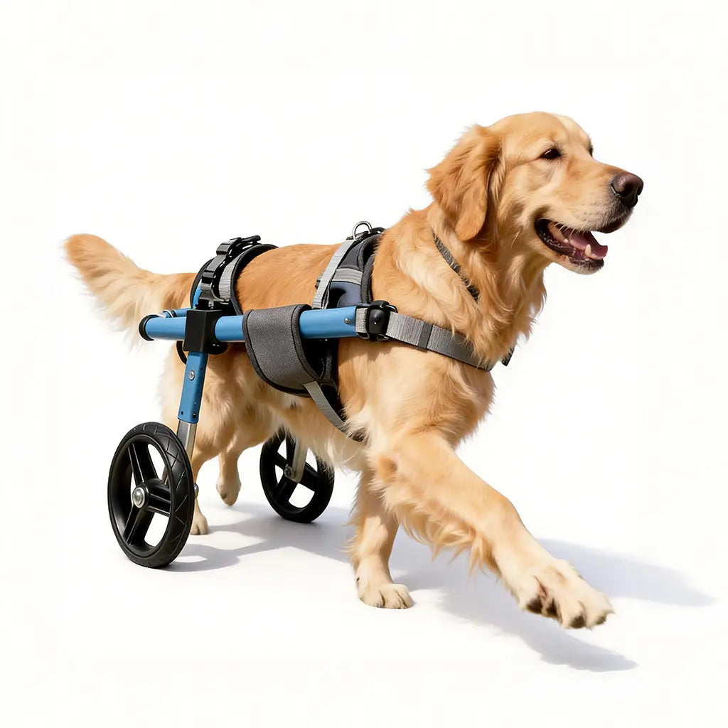 Golden Retriever actively running in an XL rear-support dog wheelchair, demonstrating natural front-leg movement and full hindquarter support
