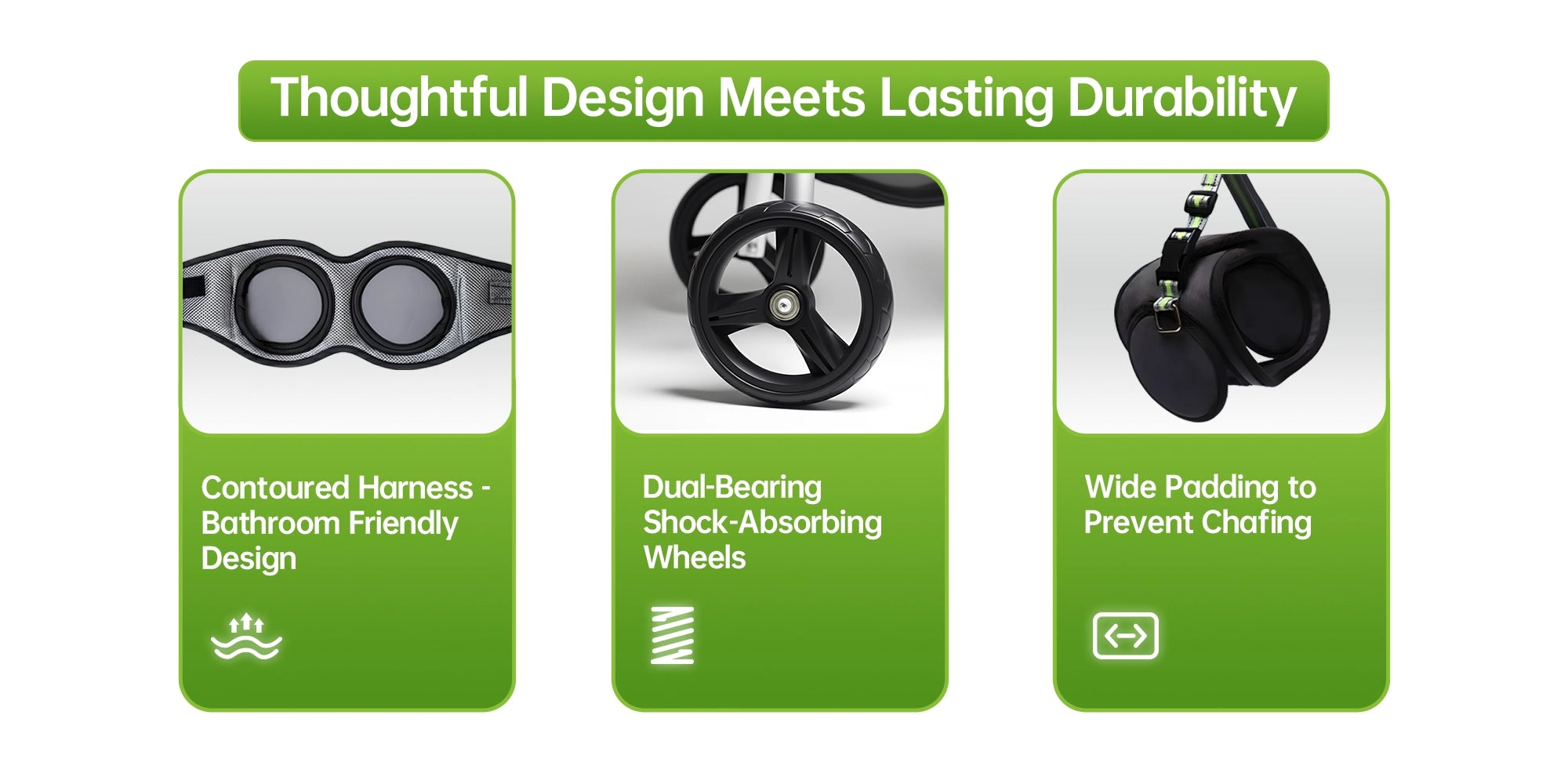 Close-up of bathroom-friendly harness, shock-absorbing wheels, and wide anti-chafing padding for dog wheelchairs.