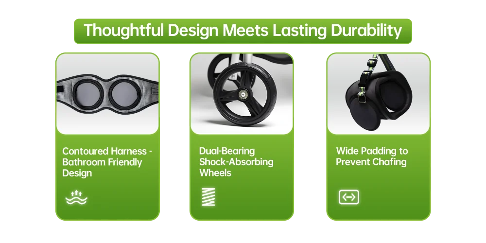 Close-up of bathroom-friendly harness, shock-absorbing wheels, and wide anti-chafing padding for dog wheelchairs.