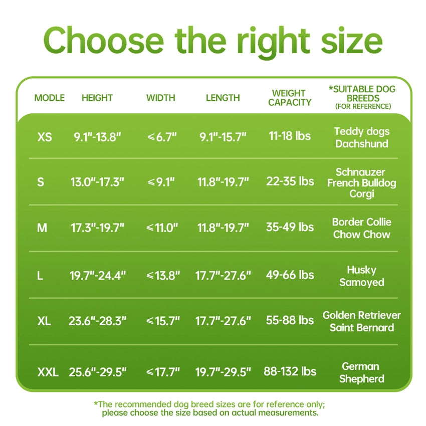 Comprehensive size chart for dog wheelchairs covering XS to XXL for breeds like Dachshund and German Shepherd.