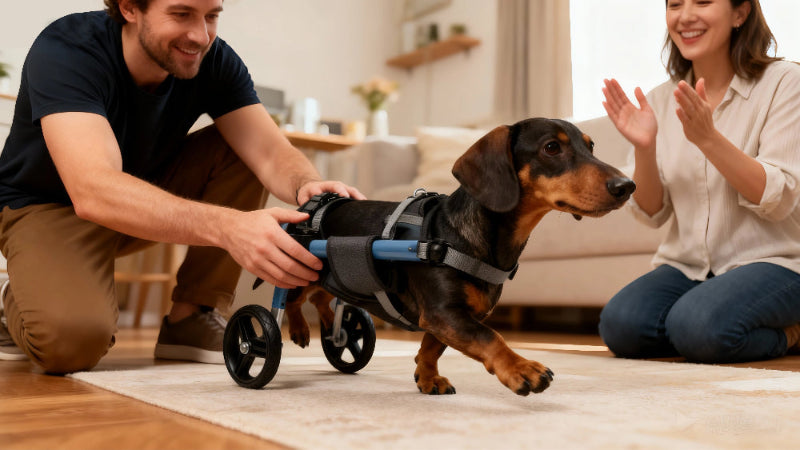 A happy couple clapping and supporting their Dachshund as it takes its first steps in a mobility wheelchair on Day 2.