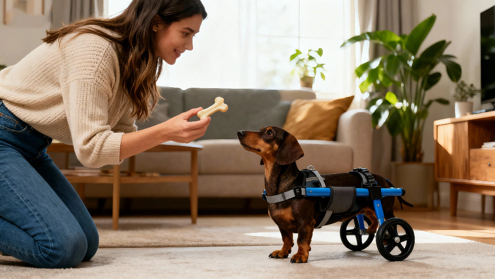 A pet owner rewarding their Dachshund with a treat while standing in a blue mobility wheelchair to build confidence.