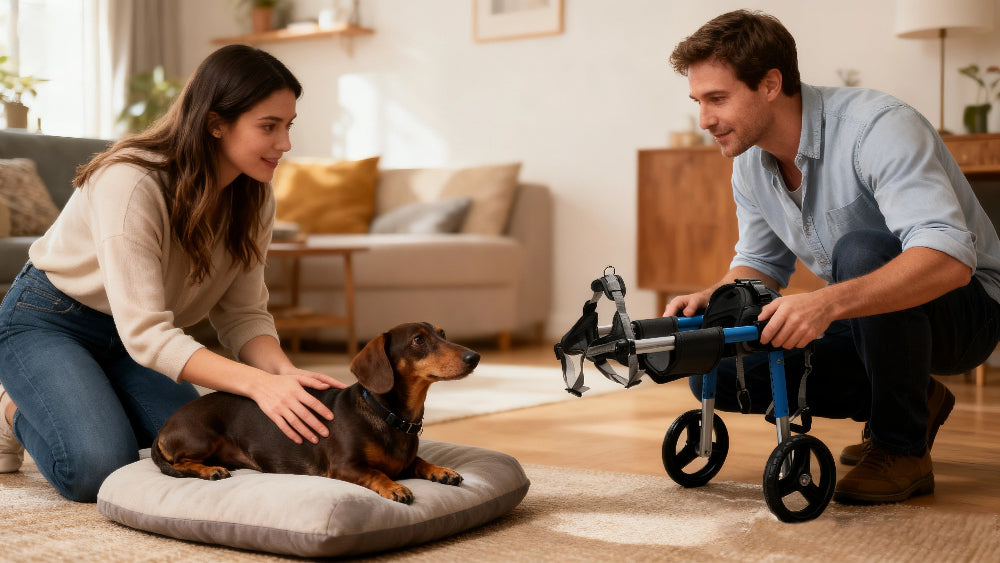 A couple preparing to fit a blue mobility wheelchair for their Dachshund at home to start the first day of training.