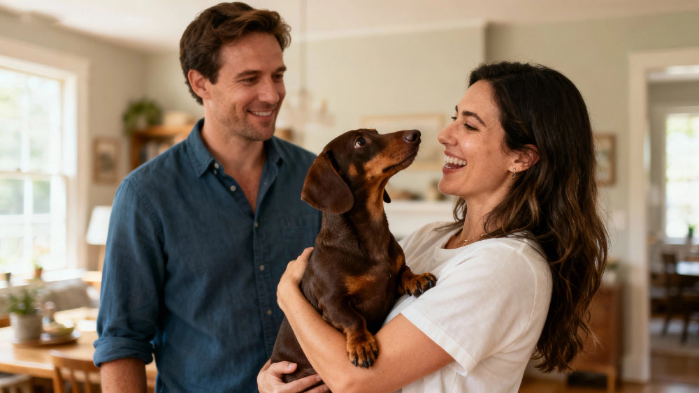 A happy couple hugging their Dachshund after a successful day 2 wheelchair training session to show love and support.