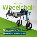 Lightweight aluminum dog wheelchair frame, upgradeable to 4 wheels for full mobility support.