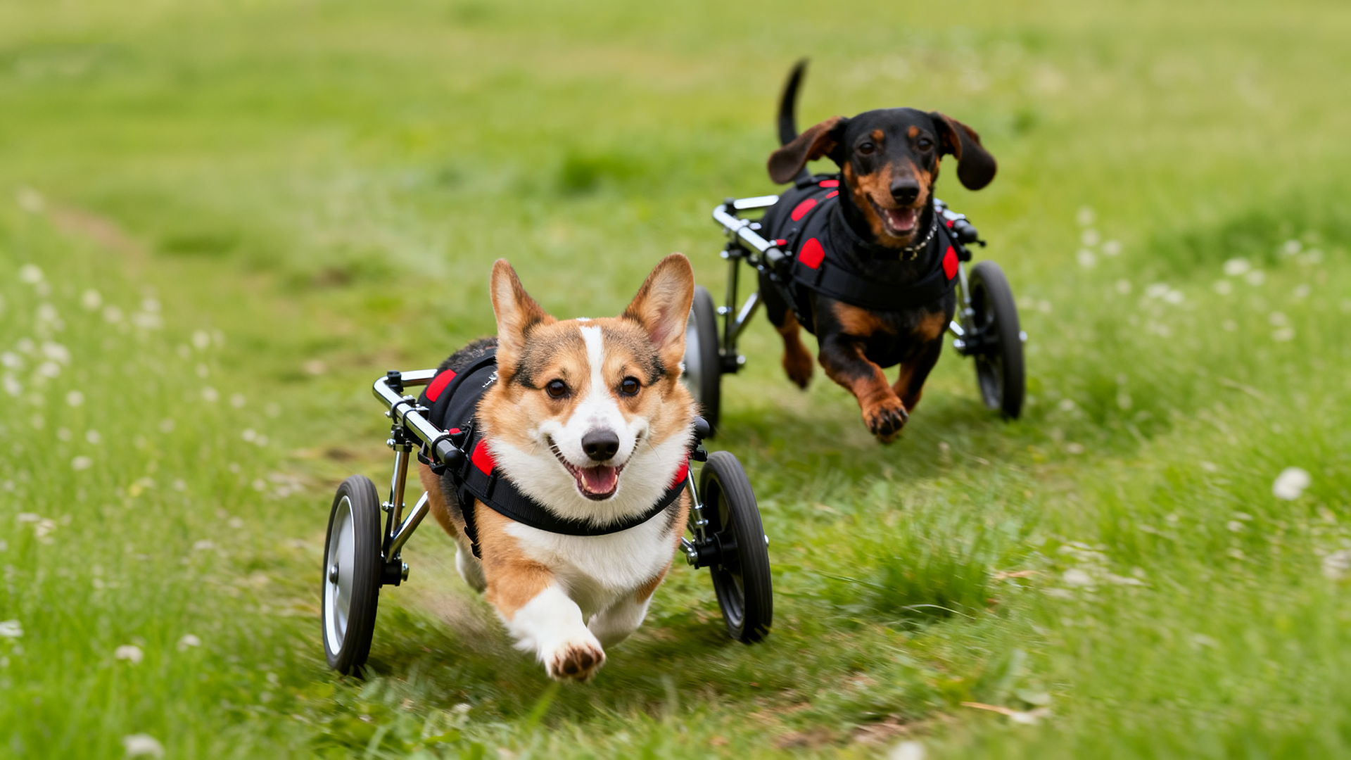 A Dachshund and a Corgi happily running together on the grass, both supported by Pei's Corner rear leg wheelchairs.