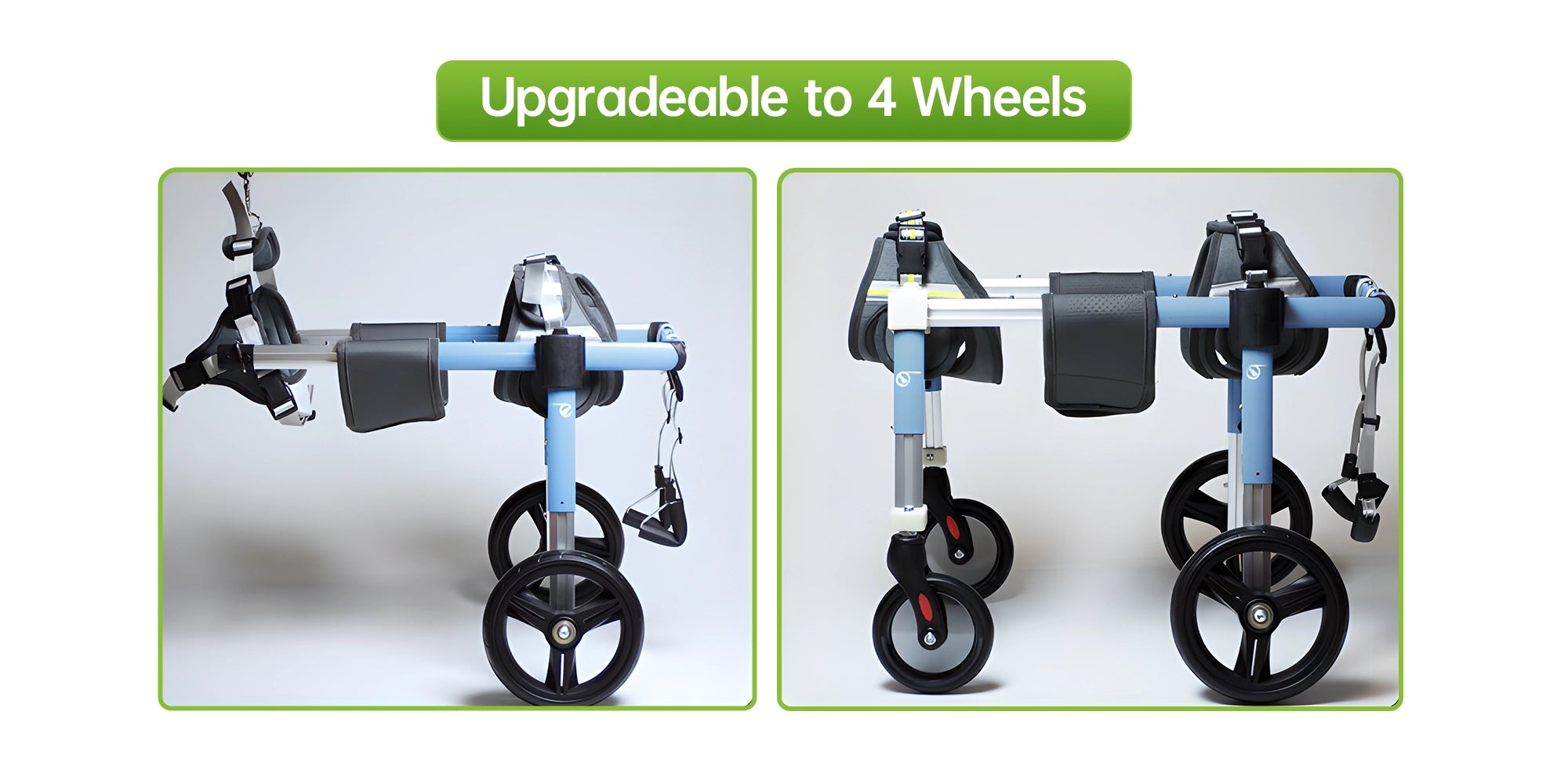 adjustable dog wheelchair upgradeable to 4 wheels, featuring a lightweight aluminum frame, ergonomic harness, and smooth-rolling wheels for enhanced pet mobility and full-body support - Pei's Corner 