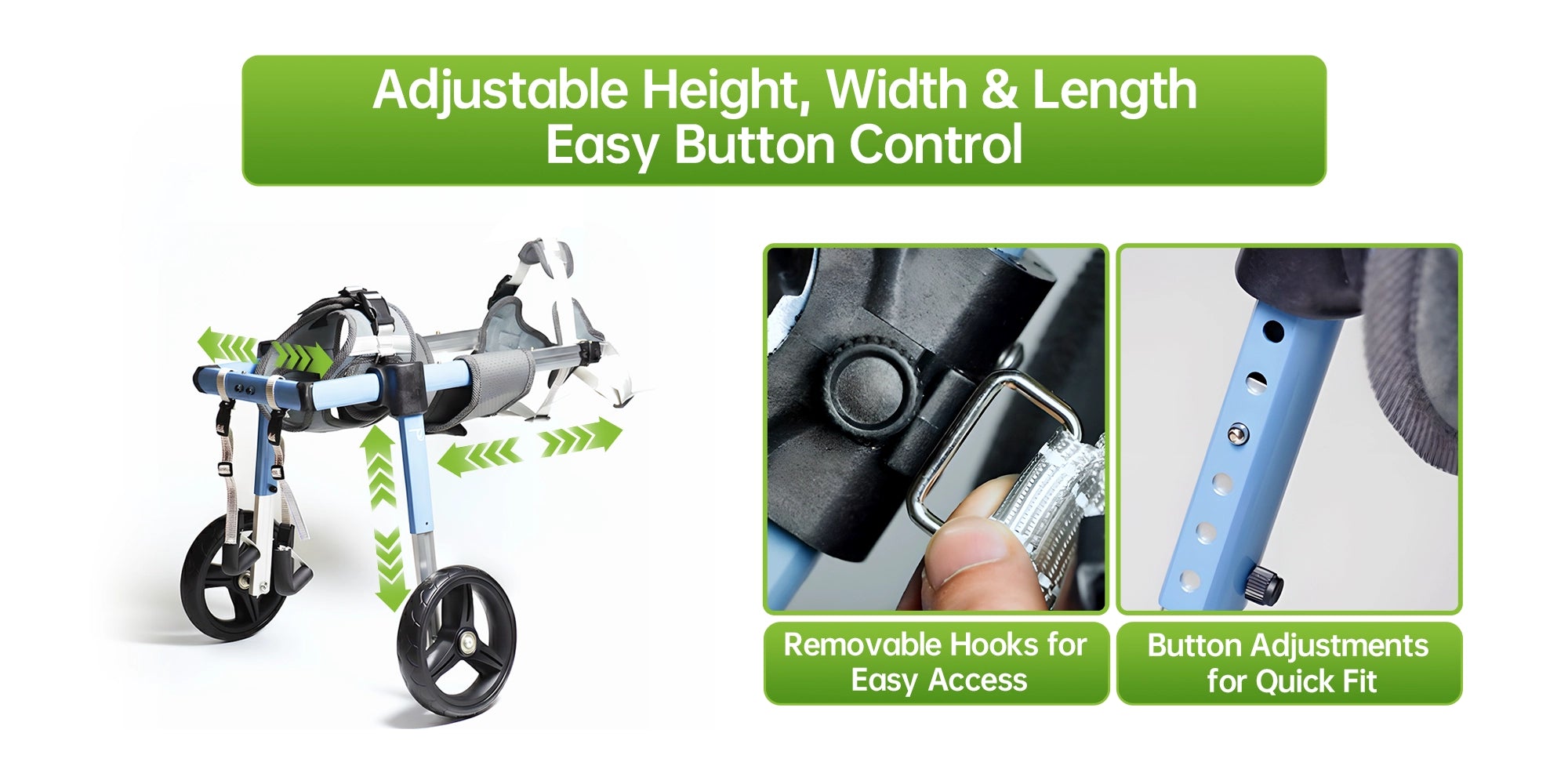 adjustable dog wheelchair with easy button control for height, width, and length adjustments. Features removable hooks for easy access and quick-fit button adjustments - Pei's Corner